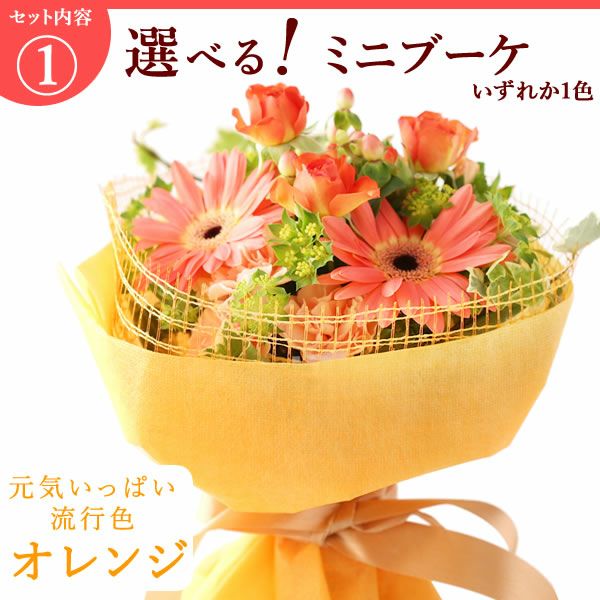 選べるHappyミニブーケとスイーツSet 母の日 早割 プレゼント 花 生花 ギフト 花束 フラワーアレンジメント カーネーション ガーベラ ブーケ スタンディングブーケ エコゼリー シフォンケーキ バラ 薔薇 送料無料 スイーツ お菓子 洋菓子 ギフトセット おいもや