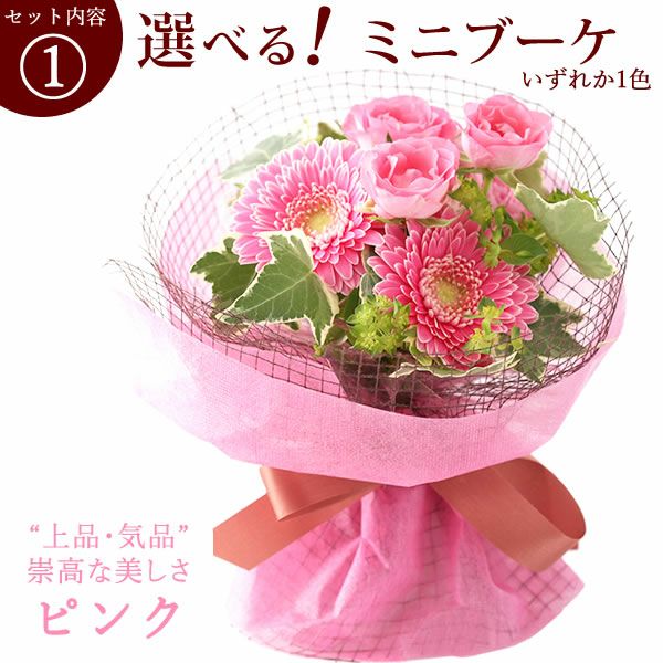 選べるHappyミニブーケとスイーツSet 母の日 早割 プレゼント 花 生花 ギフト 花束 フラワーアレンジメント カーネーション ガーベラ ブーケ スタンディングブーケ エコゼリー シフォンケーキ バラ 薔薇 送料無料 スイーツ お菓子 洋菓子 ギフトセット おいもや