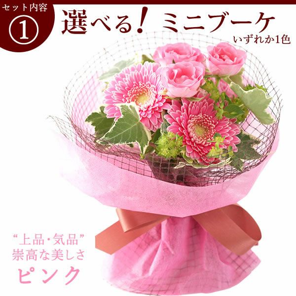 選べるHappyミニブーケとスイーツSet 母の日 早割 プレゼント 花 生花 ギフト 花束 フラワーアレンジメント カーネーション ガーベラ ブーケ スタンディングブーケ エコゼリー シフォンケーキ バラ 薔薇 送料無料 スイーツ お菓子 洋菓子 ギフトセット おいもや