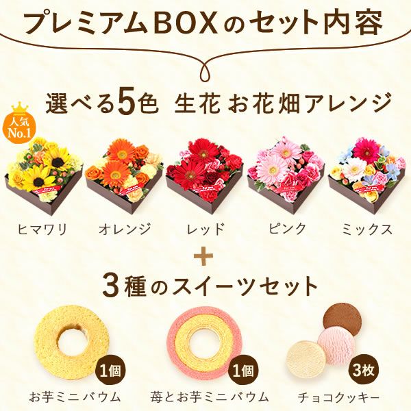フラワー＆スイーツ　プレミアムボックスセット 母の日 プレゼント 花 生花 ギフト カーネーション ガーベラ フラワーアレンジメント ボックスフラワー フラワーボックス 花とスイーツ おしゃれ 可愛い 送料無料 スイーツ お菓子 洋菓子 ギフトセット おいもや