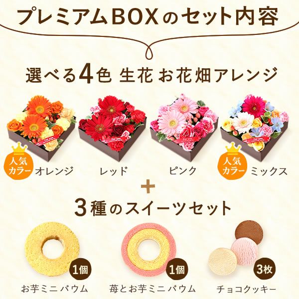 フラワー＆スイーツ　プレミアムボックスセット 母の日 プレゼント 花 生花 ギフト カーネーション ガーベラ フラワーアレンジメント ボックスフラワー フラワーボックス 花とスイーツ おしゃれ 可愛い 送料無料 スイーツ お菓子 洋菓子 ギフトセット おいもや