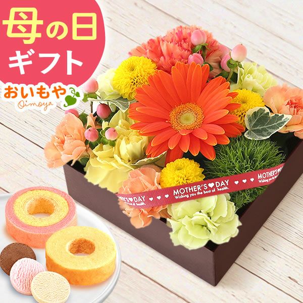 フラワー＆スイーツ　プレミアムボックスセット 母の日 プレゼント 花 生花 ギフト カーネーション ガーベラ フラワーアレンジメント ボックスフラワー フラワーボックス 花とスイーツ おしゃれ 可愛い 送料無料 スイーツ お菓子 洋菓子 ギフトセット おいもや