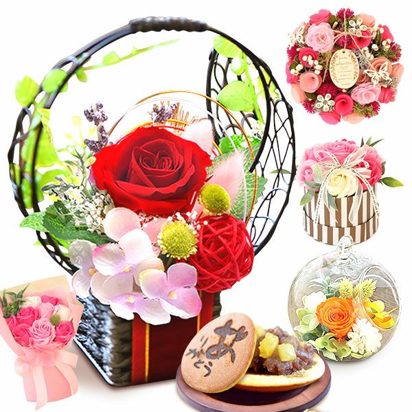 プレゼント ギフト 花 プリザーブドフラワー プリザ 薔薇 バラ 猫 ねこ かわいい おしゃれ 枯れない花 フラワーアレンジメント インテリア バウムクーヘン 送料無料 スイーツ お菓子 洋菓子 メッセージカード おいもや