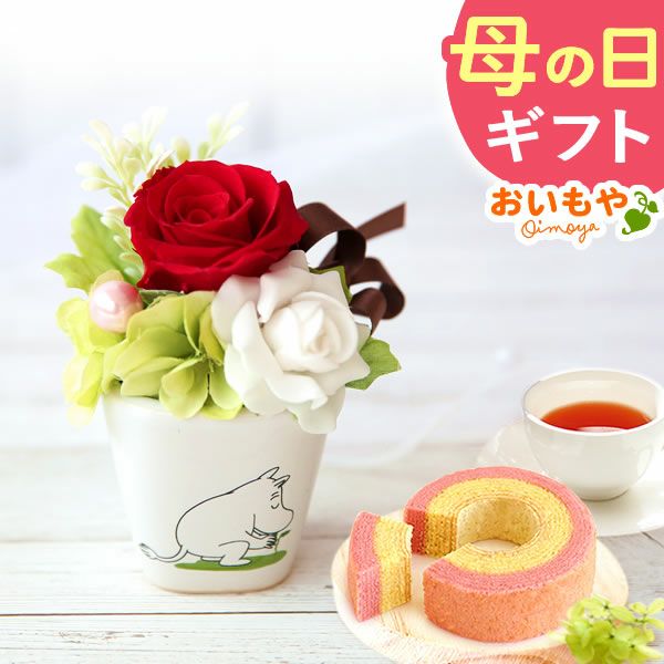 ムーミン 陶器プリザS＆苺バウムクーヘンセット 母の日 プレゼント 花 ギフト ムーミン ニョロニョロ キャラクター グッズ プリザ プリザーブドフラワー バウムクーヘン バラ 薔薇 花とスイーツ 送料無料 スイーツ お菓子 洋菓子 ギフトセット おいもや