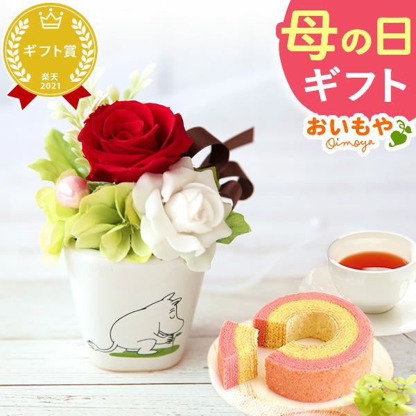 ムーミン 陶器プリザS＆苺バウムクーヘンセット 母の日 プレゼント 花 ギフト ムーミン ニョロニョロ キャラクター グッズ プリザ プリザーブドフラワー バウムクーヘン バラ 薔薇 花とスイーツ 送料無料 スイーツ お菓子 洋菓子 ギフトセット おいもや