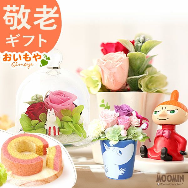 選べるムーミンギフトa＆スイーツセット 母の日 プレゼント 花 ギフト ムーミン ミイ スナフキン キャラクター バウムクーヘン プリザ プリザーブドフラワー 花とスイーツ アレンジ 送料無料 スイーツ お菓子 洋菓子 ギフトセット おいもや