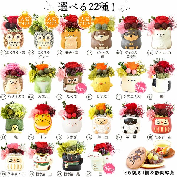 選べるミニポットプリザ＆お芋どら焼き 【母の日 プレゼント 花 ギフト プリザーブドフラワー 犬 犬好き フラワーアレンジメント かわいい おしゃれ ペット バラ 薔薇 一輪 アニマル 動物 ミニ 置き物 送料無料 スイーツ お菓子 和菓子 ギフトセット おいもや】