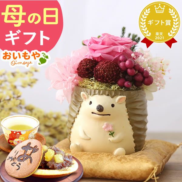 選べるミニポットプリザ＆お芋どら焼き 【母の日 プレゼント 花 ギフト プリザーブドフラワー 犬 犬好き フラワーアレンジメント かわいい おしゃれ ペット バラ 薔薇 一輪 アニマル 動物 ミニ 置き物 送料無料 スイーツ お菓子 和菓子 ギフトセット おいもや】