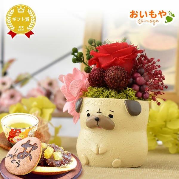 プレゼント 花 ギフト プリザーブドフラワー 犬 犬好き フラワーアレンジメント かわいい おしゃれ ペット バラ 薔薇 一輪 アニマル 動物 ミニ 置き物 送料無料 スイーツ お菓子 和菓子 ギフトセット おいもや