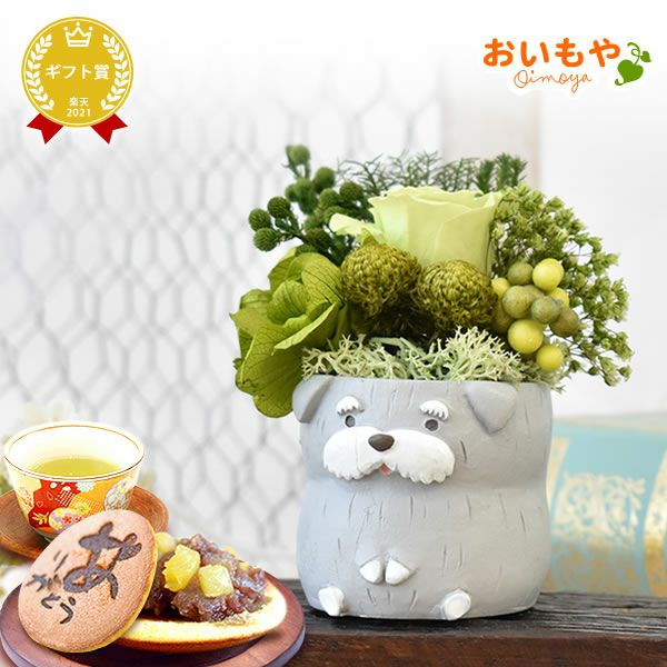 プレゼント 花 ギフト プリザーブドフラワー 犬 犬好き フラワーアレンジメント かわいい おしゃれ ペット バラ 薔薇 一輪 アニマル 動物 ミニ 置き物 送料無料 スイーツ お菓子 和菓子 ギフトセット おいもや