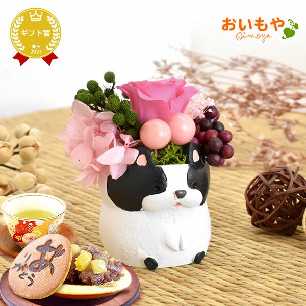 プレゼント 花 ギフト プリザーブドフラワー 犬 犬好き フラワーアレンジメント かわいい おしゃれ ペット バラ 薔薇 一輪 アニマル 動物 ミニ 置き物 送料無料 スイーツ お菓子 和菓子 ギフトセット おいもや