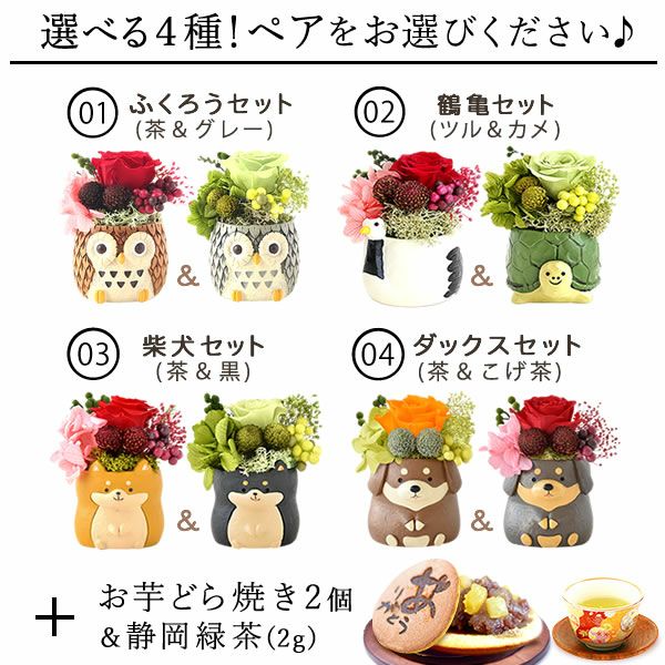 母の日 プレゼント 花 ギフト プリザーブドフラワー アニマル 動物 ペア ミニ 小さい かわいい おしゃれ ふくろう 犬 猫 バラ 薔薇 一輪 セット どら焼き どらやき 送料無料 スイーツ お菓子 和菓子 ギフトセット おいもや