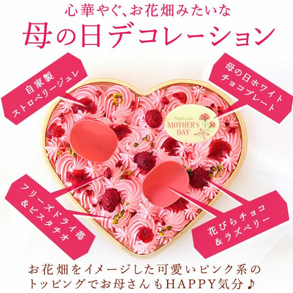 母の日ケーキ (ハート) 【母の日 プレゼント ギフト ケーキ フラワーケーキ デコレーションケーキ ハート ピンク 苺 いちご ストロベリー カーネーション 花以外 送料無料 スイーツ お菓子 洋菓子 ギフトセット おいもや】