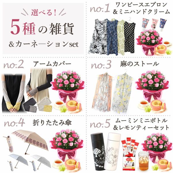 選べる雑貨セット＆４号鉢花カーネーション 母の日 早割 プレゼント 花 生花 ギフト カーネーション 4号 鉢植え 鉢花 花鉢 エプロン 日傘 実用的 ワンピース ストール アームカバー 傘 折りたたみ傘 ムーミン 水筒 送料無料 スイーツ お菓子 洋菓子 ギフトセット おいもや