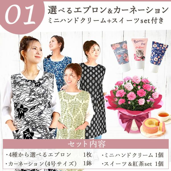 選べる雑貨セット＆４号鉢花カーネーション 母の日 早割 プレゼント 花 生花 ギフト カーネーション 4号 鉢植え 鉢花 花鉢 エプロン 日傘 実用的 ワンピース ストール アームカバー 傘 折りたたみ傘 ムーミン 水筒 送料無料 スイーツ お菓子 洋菓子 ギフトセット おいもや