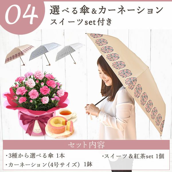 選べる雑貨セット＆４号鉢花カーネーション 母の日 早割 プレゼント 花 生花 ギフト カーネーション 4号 鉢植え 鉢花 花鉢 エプロン 日傘 実用的 ワンピース ストール アームカバー 傘 折りたたみ傘 ムーミン 水筒 送料無料 スイーツ お菓子 洋菓子 ギフトセット おいもや