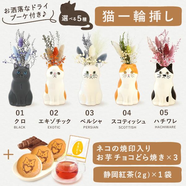猫一輪挿し＆お芋チョコどら焼き (3個) 【母の日 プレゼント 花 ギフト 猫 ねこ 猫好き インテリア 雑貨 一輪挿し 花瓶 フラワーベース ペン立て 実用的 玄関 置物 花とスイーツ チョコ どら焼き 送料無料 スイーツ お菓子 和菓子 洋菓子 ギフトセット おいもや】