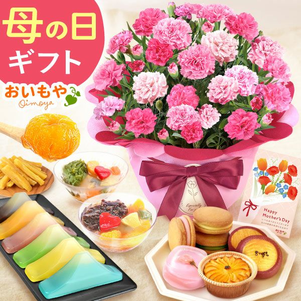 選べるカーネーション(5号)＆スイーツセット 母の日 プレゼント 花 生花 ギフト カーネーション ゼリー クッキー バターサンド どら焼き どらやき バウムクーヘン 干し芋 かりんとう スイートポテト サブレ カステラ 送料無料 スイーツ お菓子 和菓子 洋菓子 ギフトセット