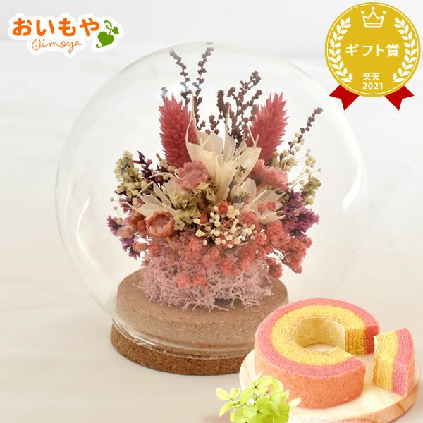 ナチュレガーデン(ドーム型・ピンク)＆バウムクーヘン 母の日 プレゼント 花 ギフト ドライフラワー ガラスドーム アンティーク ナチュラル インテリア 雑貨 置物 玄関 寝室 バウムクーヘン 選べるセット 送料無料 スイーツ お菓子 洋菓子 ギフトセット おいもや