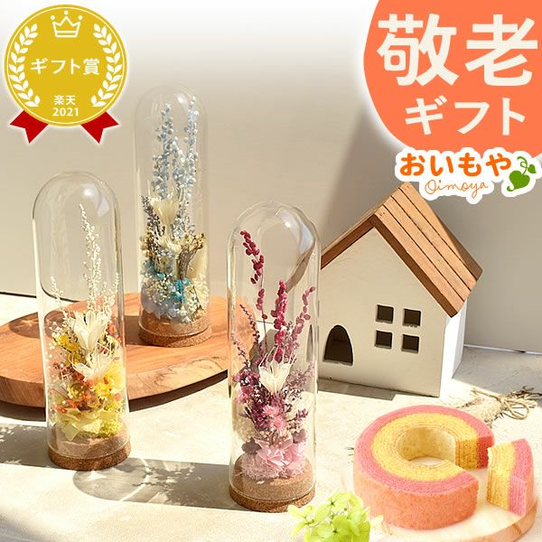 ナチュレガーデン(ボトル型)＆バウムクーヘン 母の日 プレゼント 花 ギフト ドライフラワー ガラスドーム アンティーク ナチュラル インテリア 雑貨 置物 玄関 寝室 バウムクーヘン 選べるセット 送料無料 スイーツ お菓子 洋菓子 ギフトセット おいもや