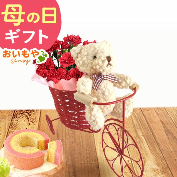 自転車クマさん（カーネーション）＆スイーツセット 母の日 プレゼント 花 ギフト カーネーション ケイトウ 花鉢 鉢花 鉢植え アニマル 犬 猫 ネコ ねこ クマ くま バウムクーヘン いちご 苺 イチゴ 送料無料 スイーツ お菓子 洋菓子 ギフトセット おいもや