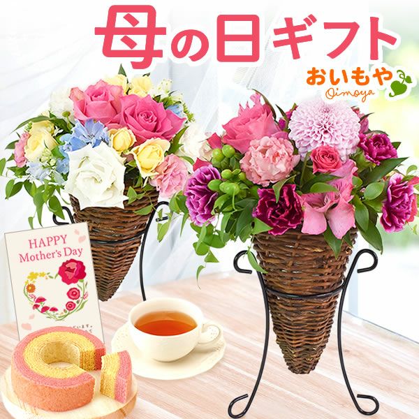 2種から選べるノーブルアレンジ 母の日 プレゼント 花 生花 ギフト フラワーアレンジメント カーネーション 薔薇 おしゃれ 豪華 バウムクーヘン トルコキキョウ フラワーアレンジメント フラワーギフト 送料無料 スイーツ お菓子 洋菓子 ギフトセット おいもや