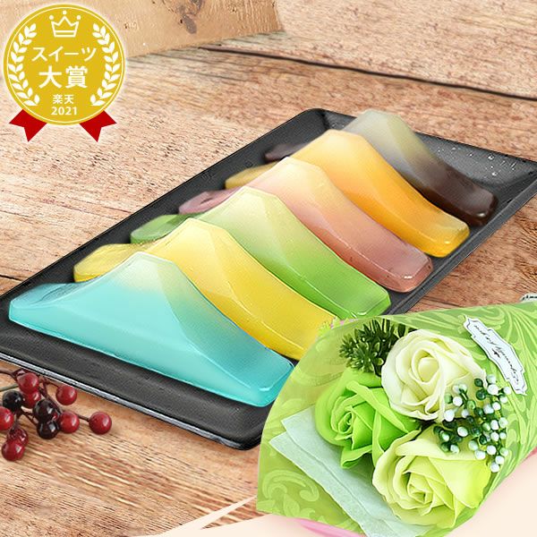 選べるスイーツ＆シャボンミニブーケ（ピンク・グリーン） プレゼント ギフト 2025 選べる スイートポテト ティラミス 芋ほりティラミス 羊羹 大福 ケーキ チーズケーキ ドーナツ 花 ソープフラワー 食べ物セット おしゃれ 送料無料 スイーツ お菓子 和菓子 洋菓子 食べ物 食品 おいもや