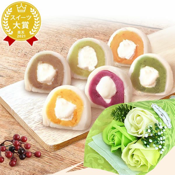 選べるスイーツ＆シャボンミニブーケ（ピンク・グリーン） プレゼント ギフト 2025 選べる スイートポテト ティラミス 芋ほりティラミス 羊羹 大福 ケーキ チーズケーキ ドーナツ 花 ソープフラワー 食べ物セット おしゃれ 送料無料 スイーツ お菓子 和菓子 洋菓子 食べ物 食品 おいもや