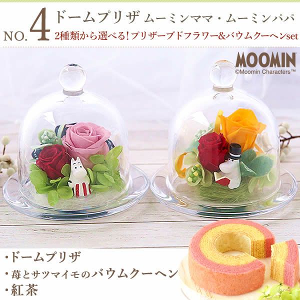 ムーミン ドリームプラザ＋バウムクーヘンセット 敬老の日 プレゼント ギフト 花 プリザーブドフラワー ムーミン グッズ 珍しい 送料無料 スイーツ お菓子 洋菓子 メッセージカード おいもや